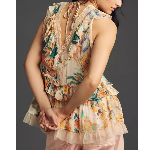 By Anthropologie Sleeveless Trailing Ruffle Blouse Floral Print Lace Trim Large - Picture 3 of 12